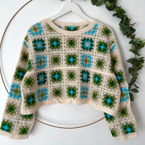 Granny Square Crochet Cropped Sweater - Green and Blue - Picture 1 of 5
